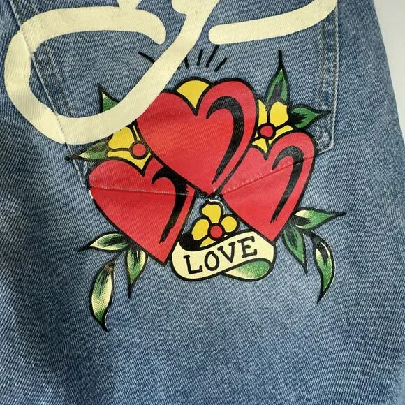 Ed Hardy Embroidered Heart Wide Leg Jeans Retro skater Denim 32 NWT - Picture 7 of 16